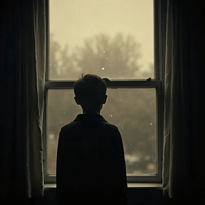 sad pfp — faceless figure watching rain through a window, faded sepia evening, soft film grain