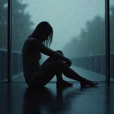 sad pfp — silhouette sitting with knees up, muted blue grey palette, rain droplets on glass