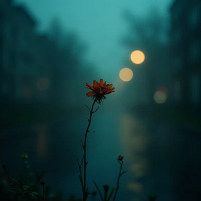 sad pfp — wilted flower in soft light, cold rainy teal, bokeh streetlights far away