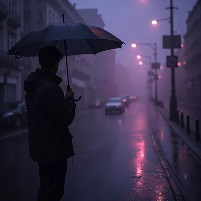 sad pfp — lone figure under umbrella in drizzle, desaturated violet dusk, bokeh streetlights far away