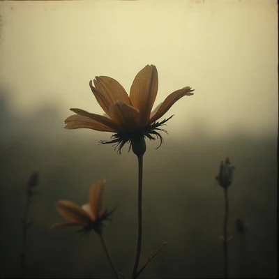 sad pfp — wilted flower in soft light, faded sepia evening, soft film grain