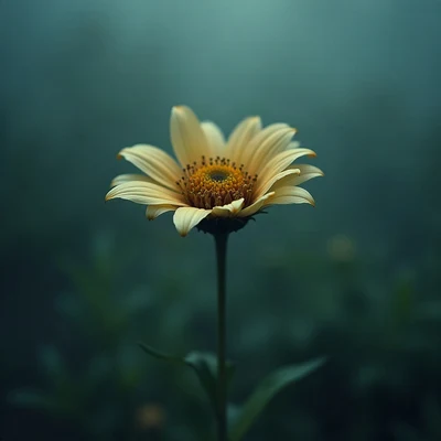 sad pfp — wilted flower in soft light, cold rainy teal, soft film grain