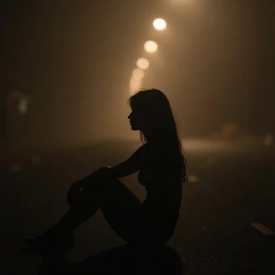 sad pfp — silhouette sitting with knees up, faded sepia evening, bokeh streetlights far away