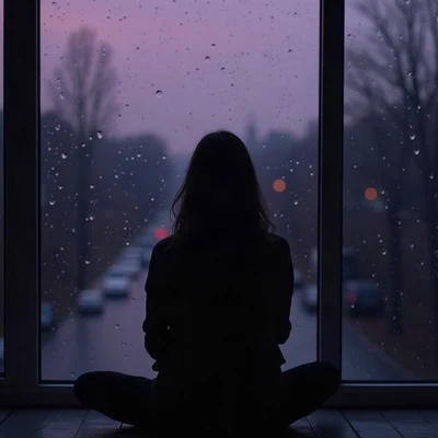 sad pfp — silhouette sitting with knees up, desaturated violet dusk, rain droplets on glass