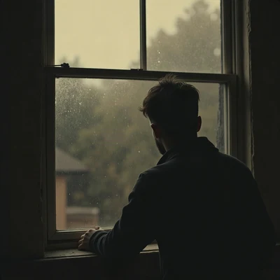 sad pfp — faceless figure watching rain through a window, faded sepia evening, rain droplets on glass