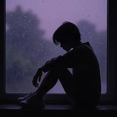 sad pfp — silhouette sitting with knees up, desaturated violet dusk, rain droplets on glass