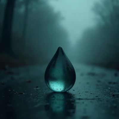 sad pfp — teardrop-shaped glass object on dark surface, cold rainy teal, drifting mist