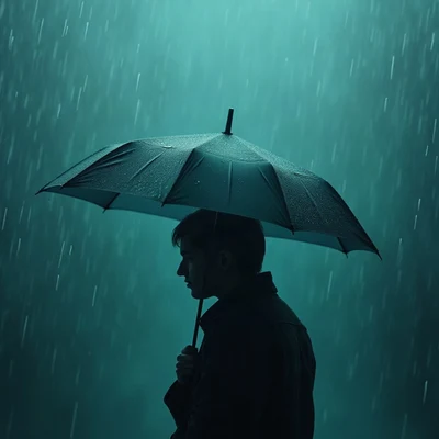 sad pfp — lone figure under umbrella in drizzle, cold rainy teal, rain droplets on glass