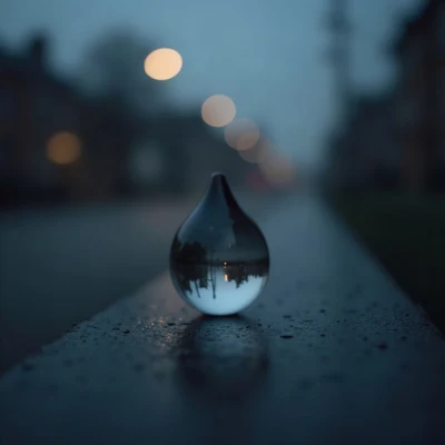 sad pfp — teardrop-shaped glass object on dark surface, muted blue grey palette, bokeh streetlights far away