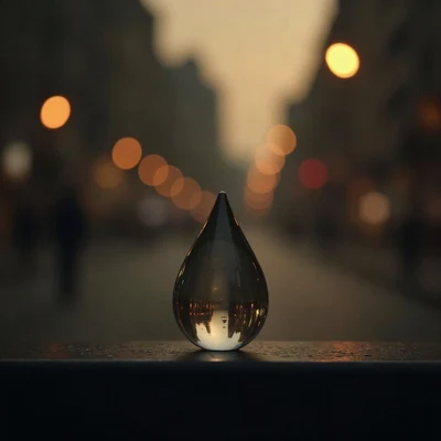 sad pfp — teardrop-shaped glass object on dark surface, faded sepia evening, bokeh streetlights far away