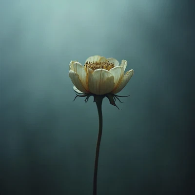 sad pfp — wilted flower in soft light, muted blue grey palette, soft film grain