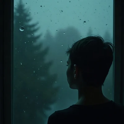 sad pfp — faceless figure watching rain through a window, cold rainy teal, rain droplets on glass
