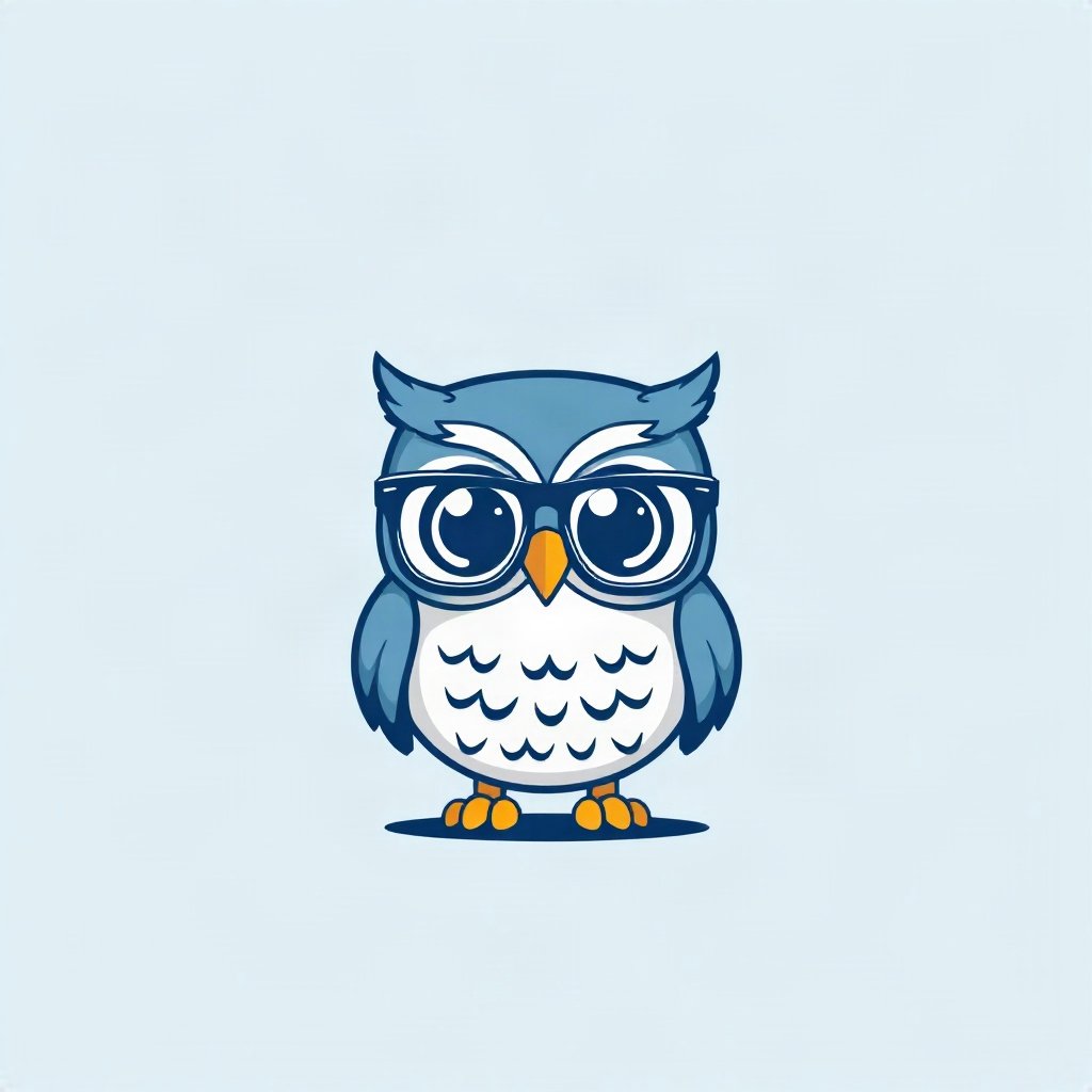 School pfp — smart owl mascot with tiny glasses, minimal geometric design, soft blue and white
