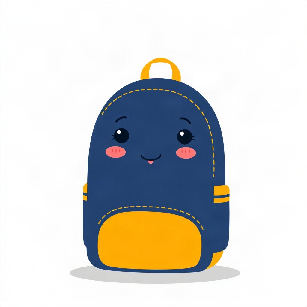 School pfp — cheerful backpack character, flat vector illustration, navy and gold palette