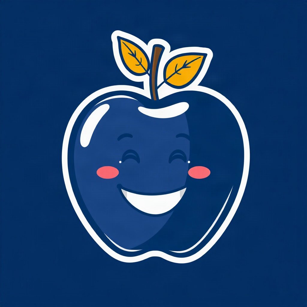 School pfp — apple with a happy face, clean sticker style, navy and gold palette