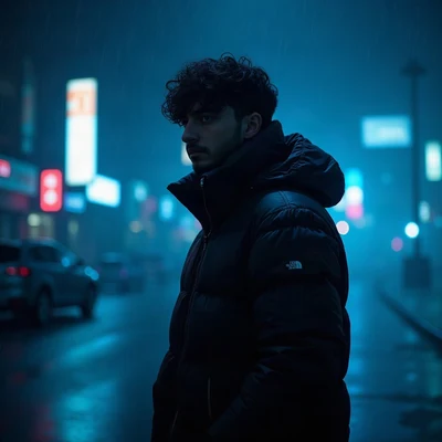 tuff pfp — figure in puffer jacket, cold blue underglow, rain streaks