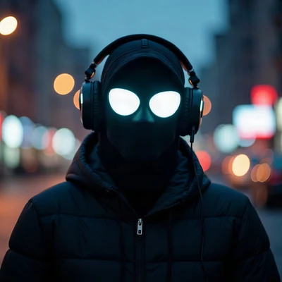 tuff pfp — masked figure with headphones, ice white spotlight, city bokeh behind