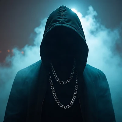 tuff pfp — hooded figure with chain necklace, ice white spotlight, fog at shoulders