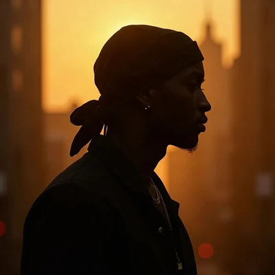 tuff pfp — side profile with durag silhouette, gold city light haze, city bokeh behind