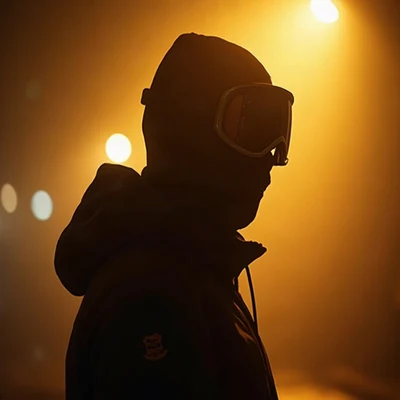 tuff pfp — figure in ski mask silhouette, gold city light haze, light smoke