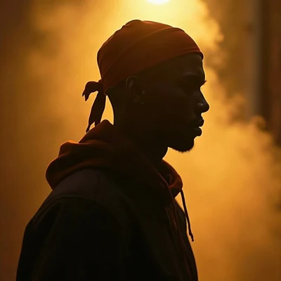 tuff pfp — side profile with durag silhouette, gold city light haze, light smoke
