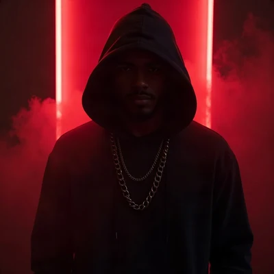 tuff pfp — hooded figure with chain necklace, red neon rim light, fog at shoulders