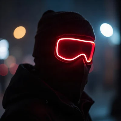 tuff pfp — figure in ski mask silhouette, red neon rim light, city bokeh behind