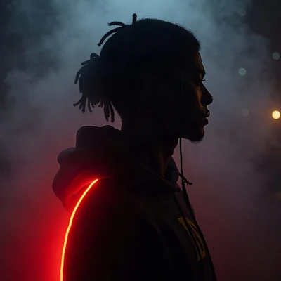 tuff pfp — side profile with durag silhouette, red neon rim light, fog at shoulders
