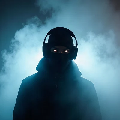 tuff pfp — masked figure with headphones, ice white spotlight, fog at shoulders