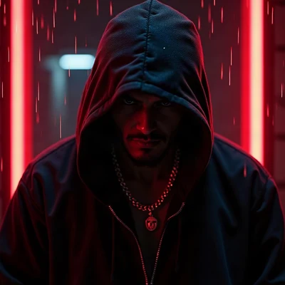 tuff pfp — hooded figure with chain necklace, red neon rim light, rain streaks
