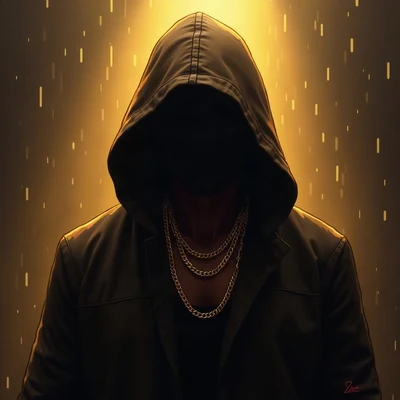tuff pfp — hooded figure with chain necklace, gold city light haze, rain streaks
