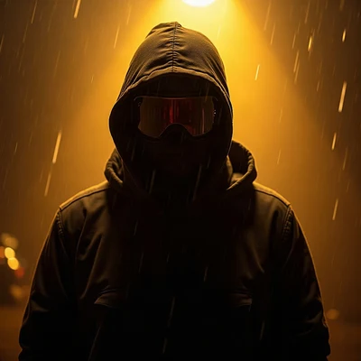 tuff pfp — figure in ski mask silhouette, gold city light haze, rain streaks