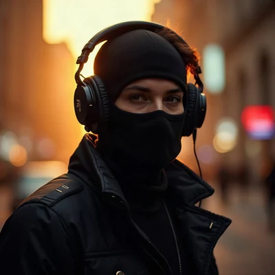 tuff pfp — masked figure with headphones, gold city light haze, city bokeh behind
