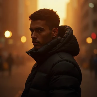 tuff pfp — figure in puffer jacket, gold city light haze, city bokeh behind