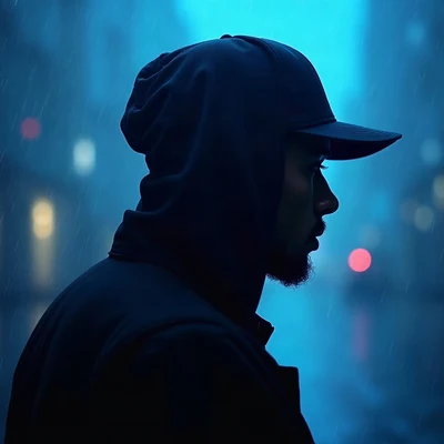 tuff pfp — side profile with durag silhouette, cold blue underglow, rain streaks