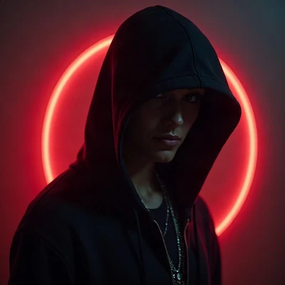 tuff pfp — hooded figure with chain necklace, red neon rim light, fog at shoulders