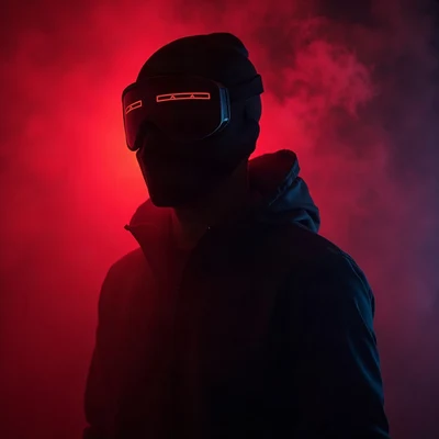 tuff pfp — figure in ski mask silhouette, red neon rim light, fog at shoulders