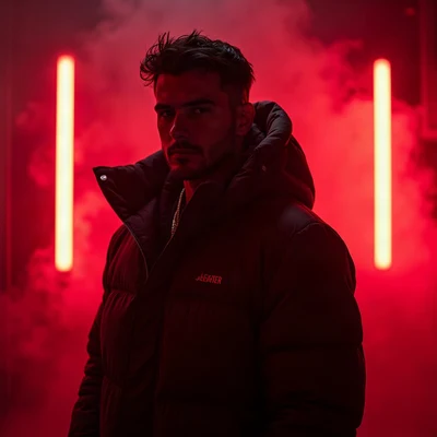tuff pfp — figure in puffer jacket, red neon rim light, fog at shoulders