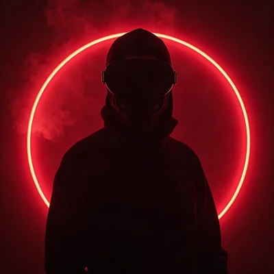 tuff pfp — figure in ski mask silhouette, red neon rim light, light smoke