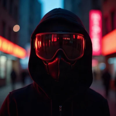 tuff pfp — figure in ski mask silhouette, red neon rim light, city bokeh behind