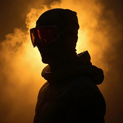 tuff pfp — figure in ski mask silhouette, gold city light haze, light smoke