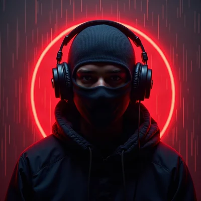 tuff pfp — masked figure with headphones, red neon rim light, rain streaks