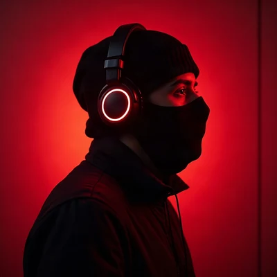 tuff pfp — masked figure with headphones, red neon rim light, light smoke