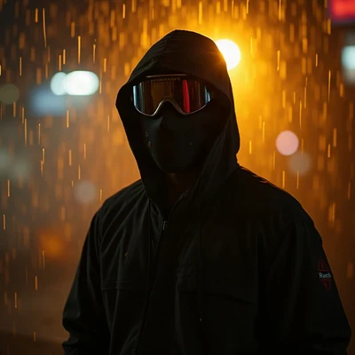 tuff pfp — figure in ski mask silhouette, gold city light haze, rain streaks