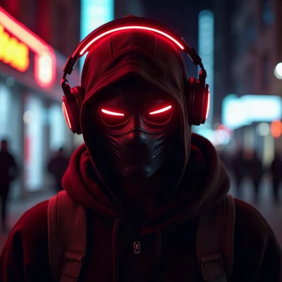 tuff pfp — masked figure with headphones, red neon rim light, city bokeh behind