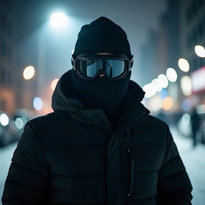tuff pfp — figure in ski mask silhouette, ice white spotlight, city bokeh behind