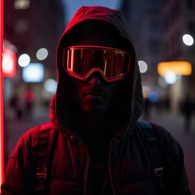 tuff pfp — figure in ski mask silhouette, red neon rim light, city bokeh behind