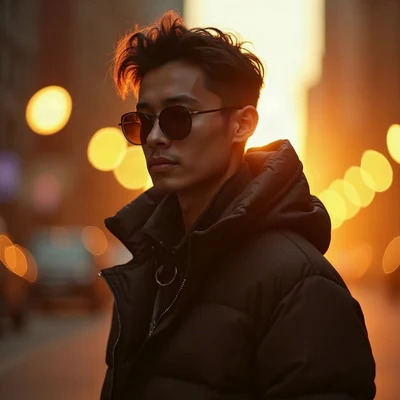 tuff pfp — figure in puffer jacket, gold city light haze, city bokeh behind