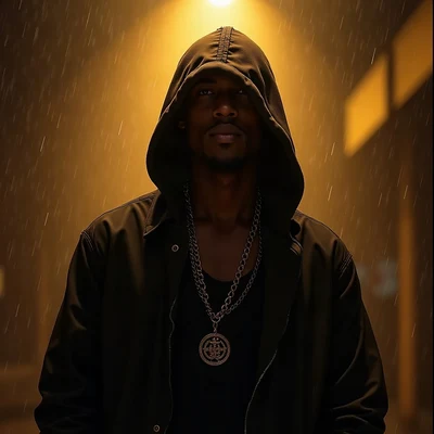 tuff pfp — hooded figure with chain necklace, gold city light haze, rain streaks