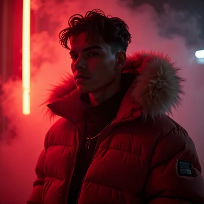 tuff pfp — figure in puffer jacket, red neon rim light, fog at shoulders